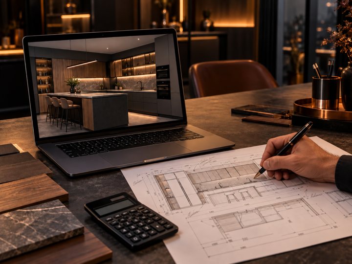 Проект кухни: 3D-модель на экране и чертёж с размерами